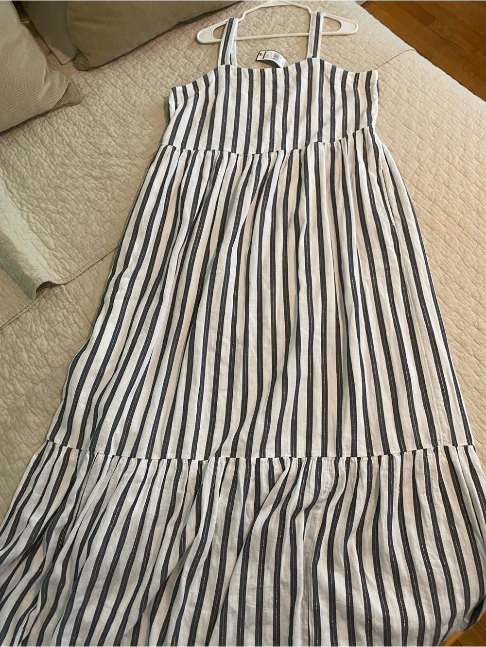 crown & ivy Black and White Striped Maxi Dress with Ruffle Hem